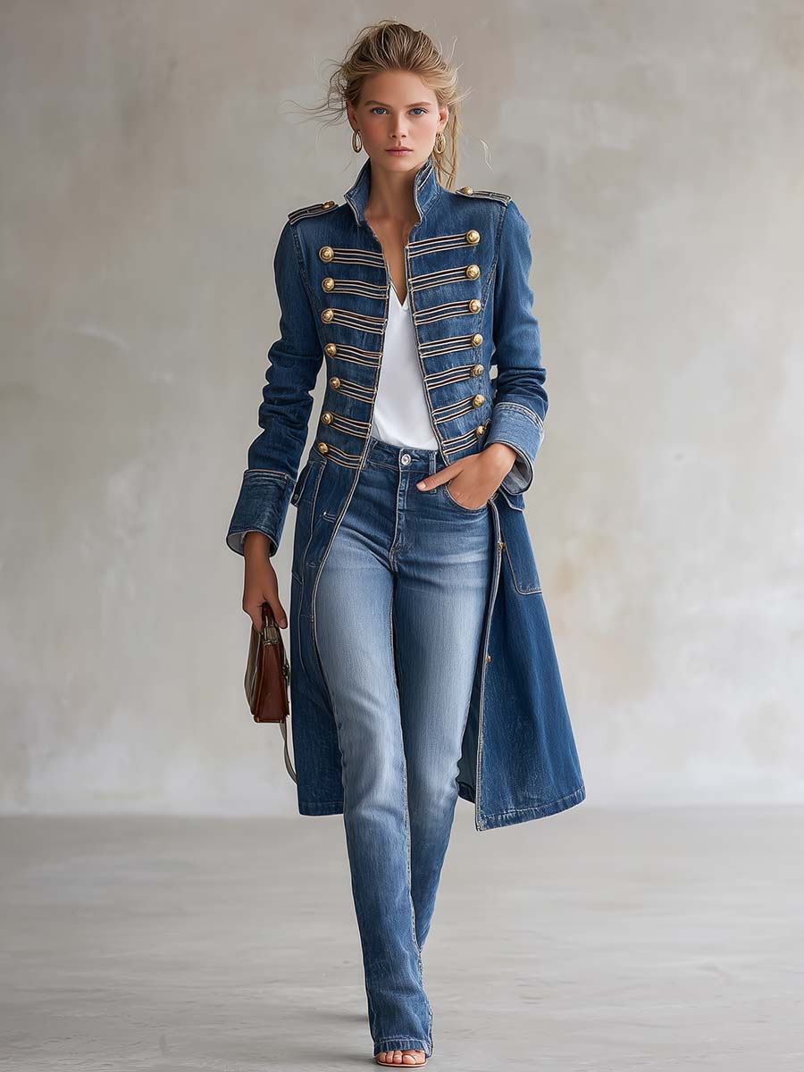 Cappotto Lungo di Jeans Sciancrato in Stile Militare con Bottoni Dorati