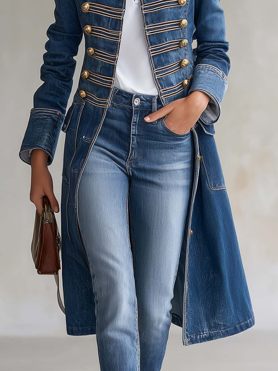 Cappotto Lungo di Jeans Sciancrato in Stile Militare con Bottoni Dorati