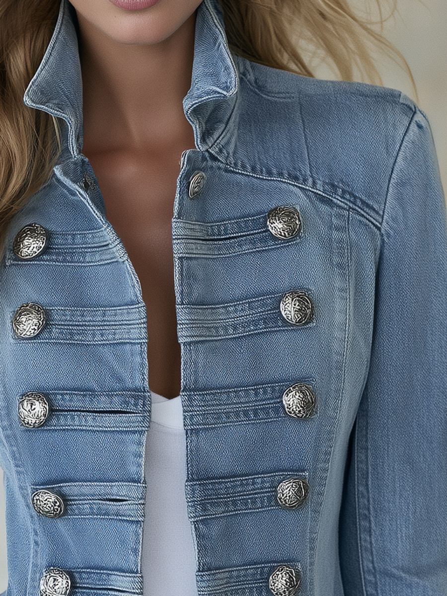 Cappotto di Jeans Blu in Stile Militare Doppiopetto