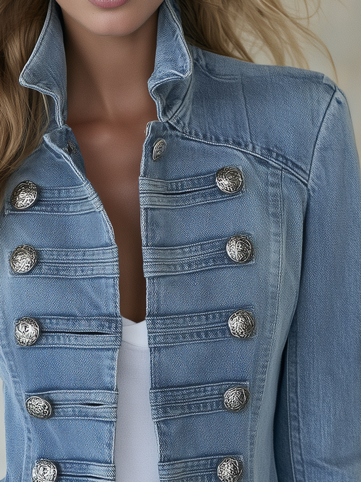 Cappotto di Jeans Blu in Stile Militare Doppiopetto