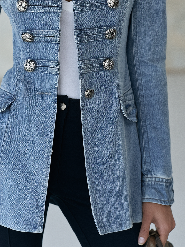 Cappotto di Jeans Blu in Stile Militare Doppiopetto