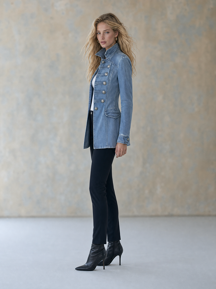 Cappotto di Jeans Blu in Stile Militare Doppiopetto