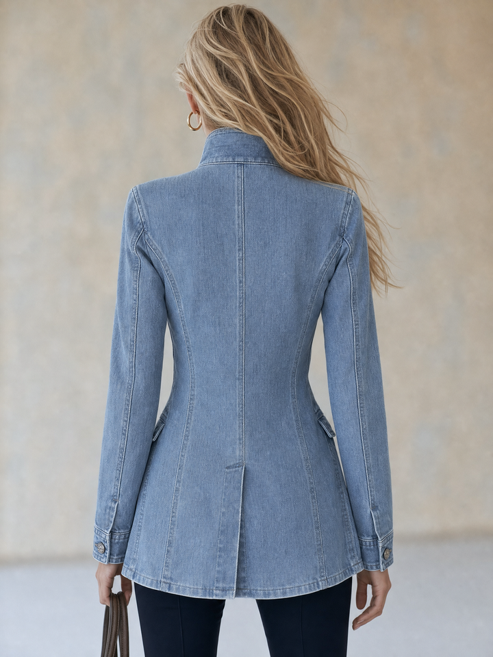 Cappotto di Jeans Blu in Stile Militare Doppiopetto