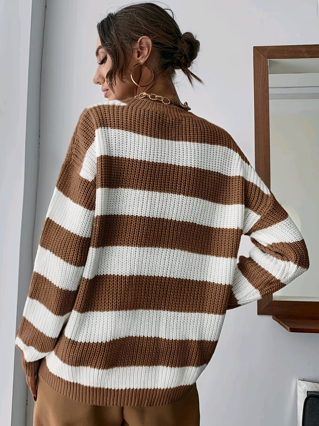 Maglione Chunky a Righe con Collo Rotondo e Spalle Cadenti