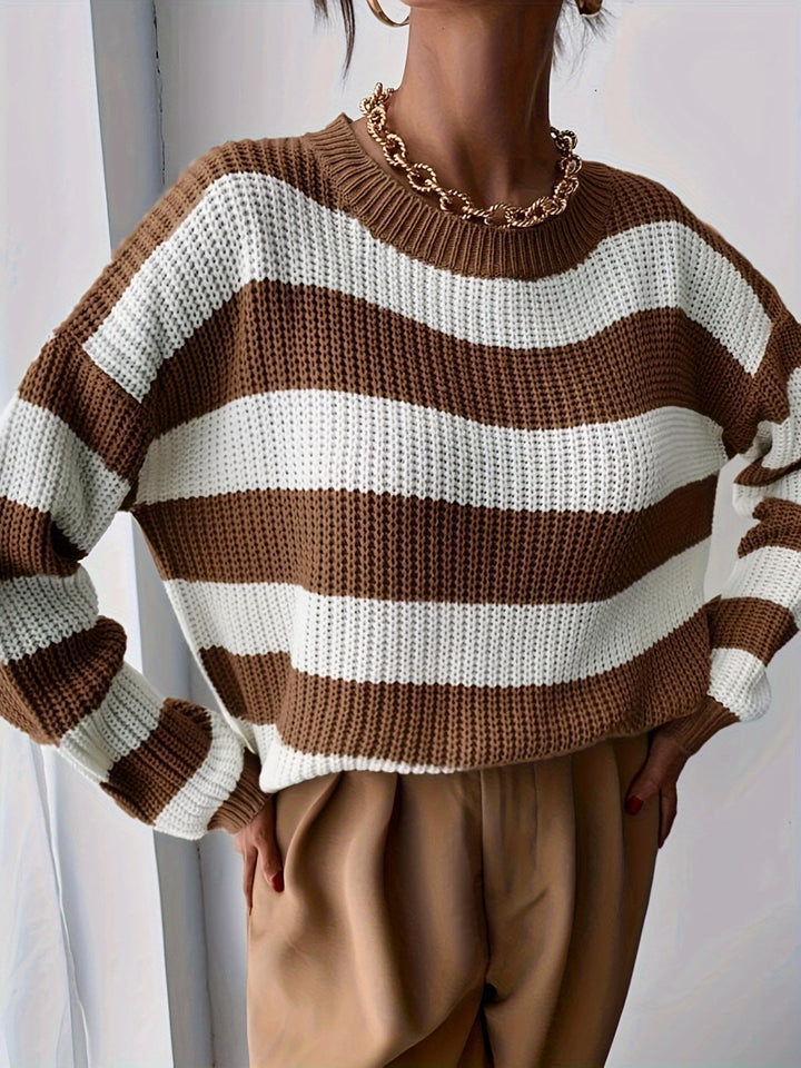 Maglione Chunky a Righe con Collo Rotondo e Spalle Cadenti