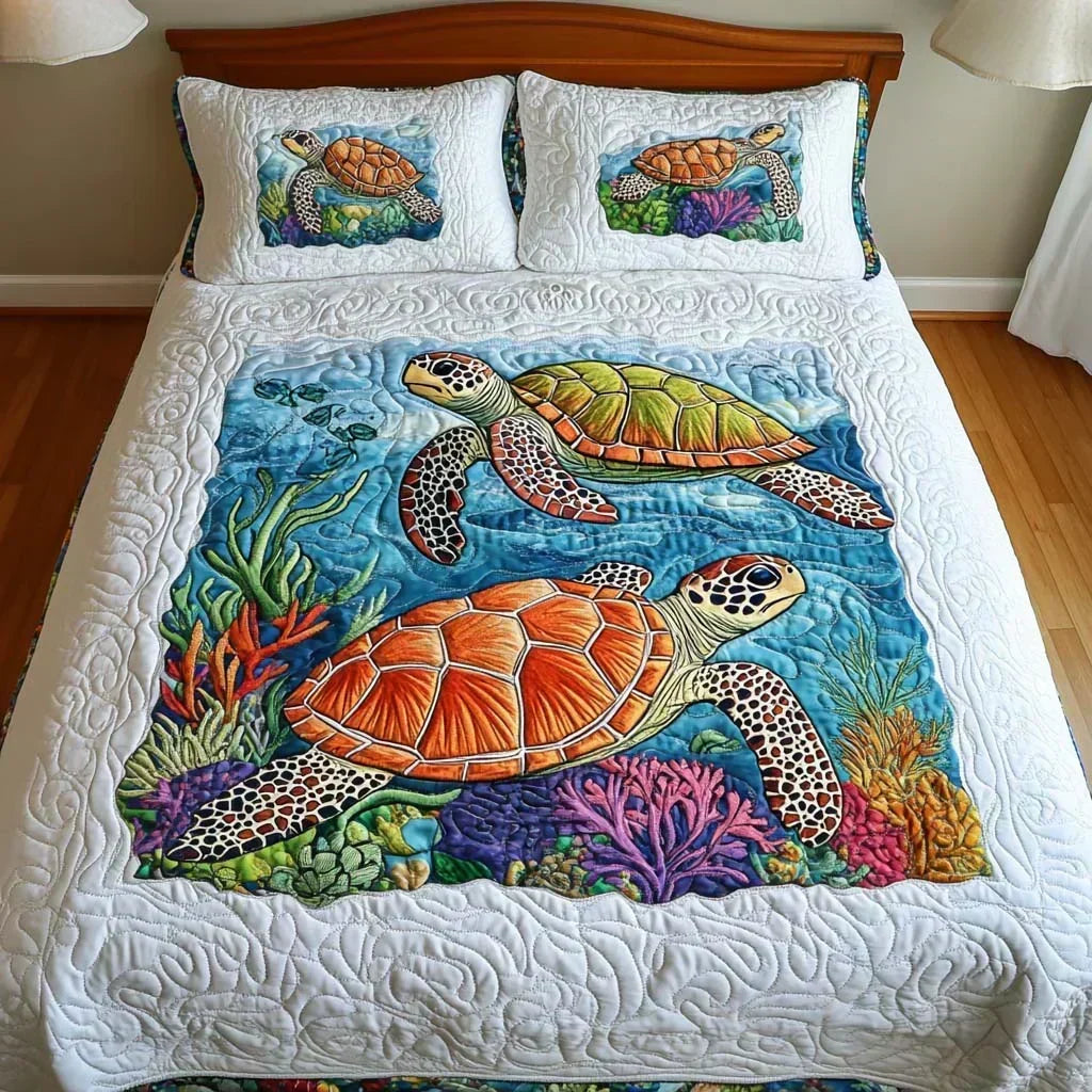 Set Copriletto Trapuntato 3 Pezzi | Tartarughe Marine