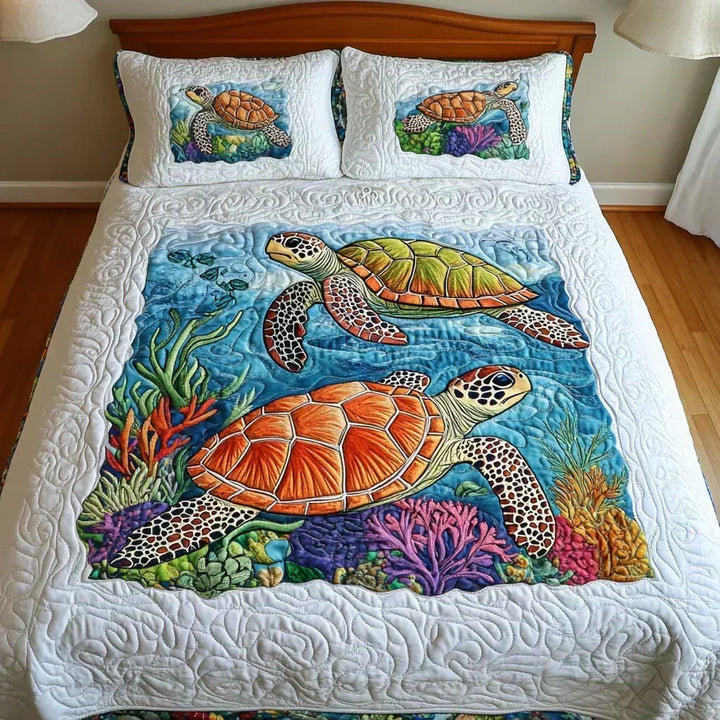 Set Copriletto Trapuntato 3 Pezzi | Tartarughe Marine