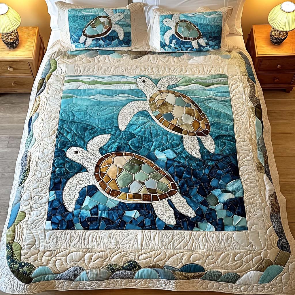 Set Copriletto Trapuntato 3 Pezzi | Tartarughe Marine