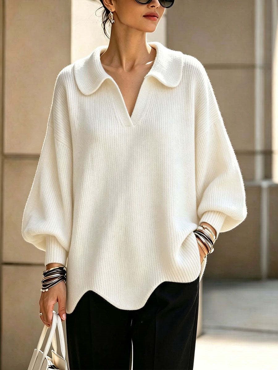 MAGLIONE DONNA ELEGANTE CON COLLO A V E MANICHE A LANERNA