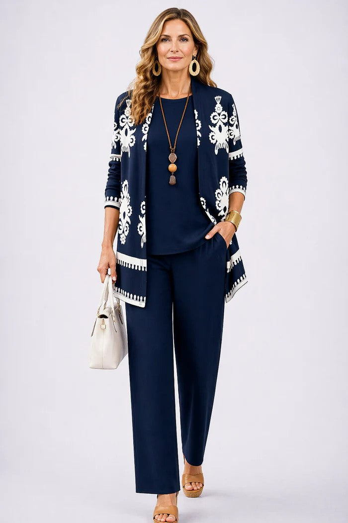 SET TROUSER STAMPATO ELEGANTE DA DONNA IN TRE PEZZI