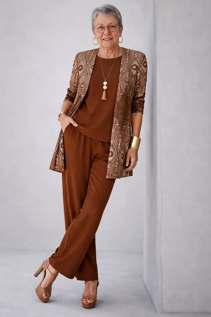 SET TROUSER STAMPATO ELEGANTE DA DONNA IN TRE PEZZI