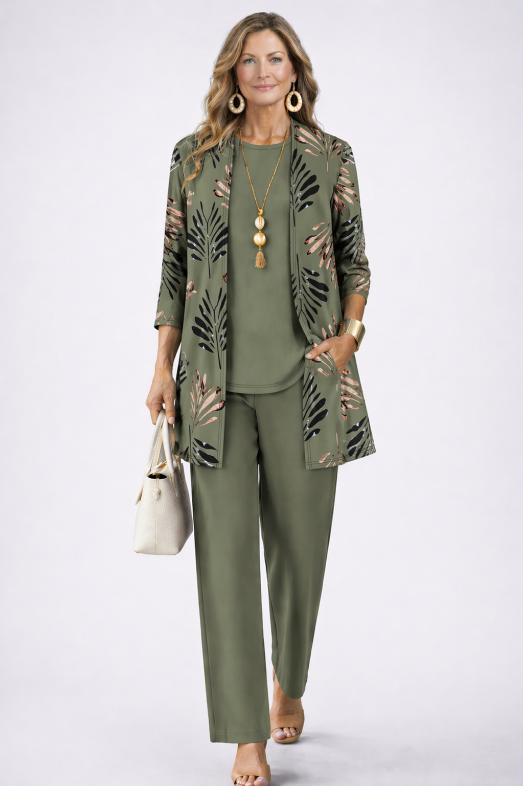 SET TROUSER STAMPATO ELEGANTE DA DONNA IN TRE PEZZI