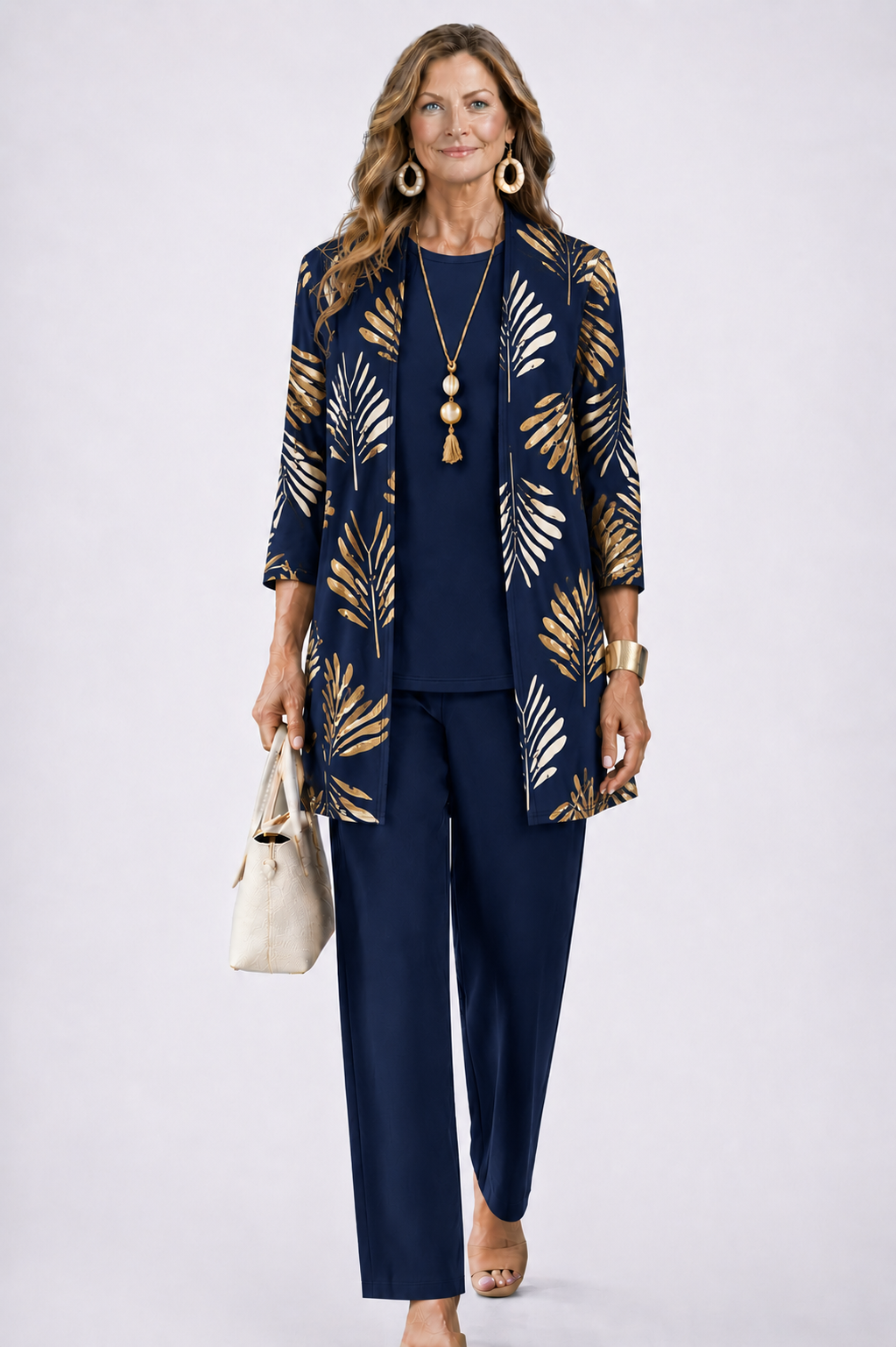 SET TROUSER STAMPATO ELEGANTE DA DONNA IN TRE PEZZI