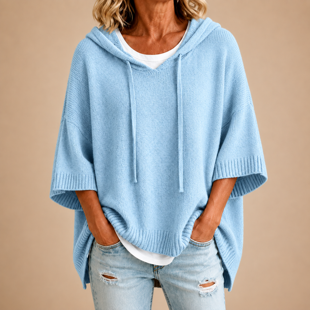Poncho in Maglia con Cappuccio Azzurro