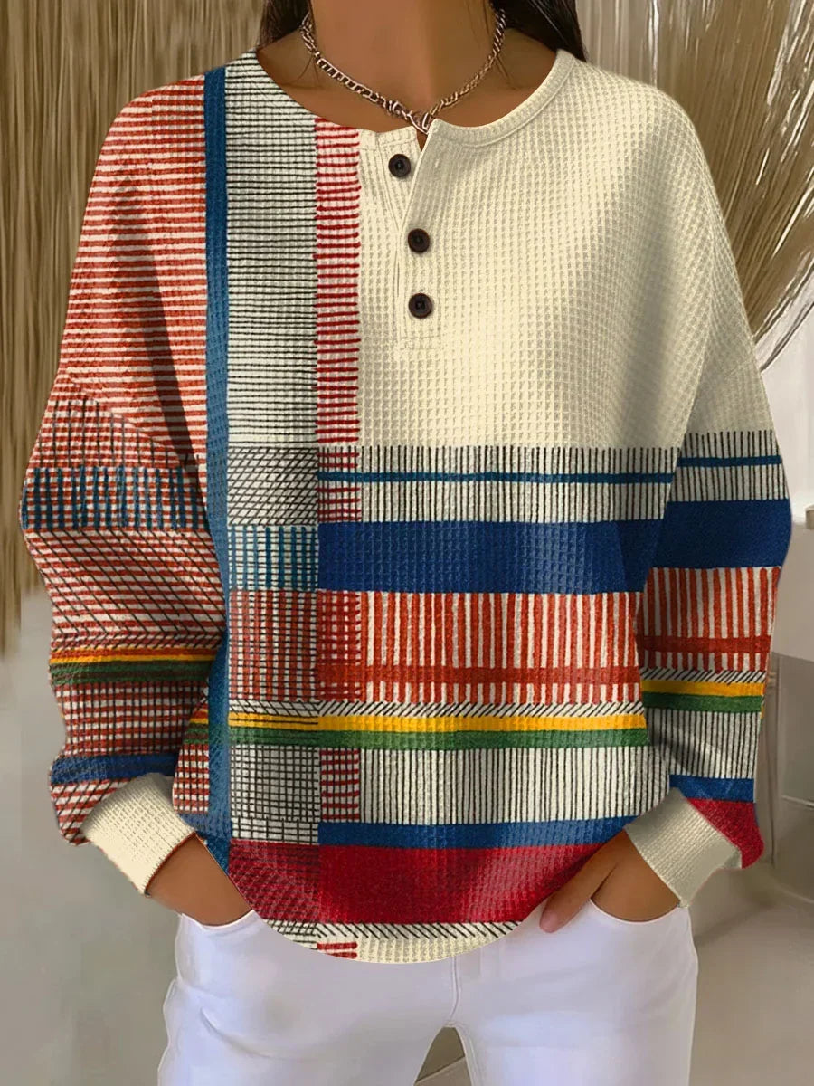 Maglione da donna a maglia con bottoni e colletto rotondo in waffle