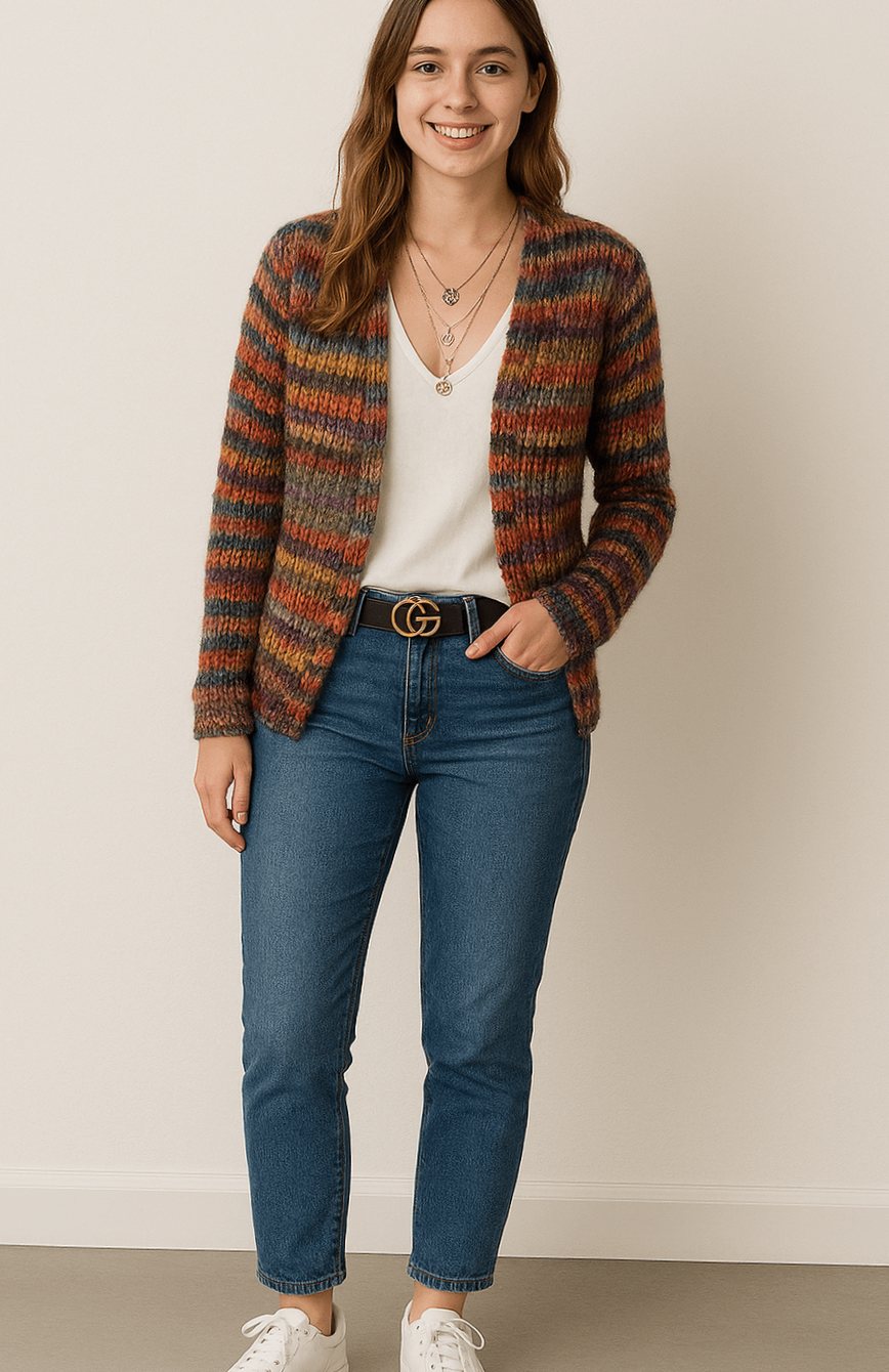 Cardigan Striato a Maglia con Apertura Frontale per Donna