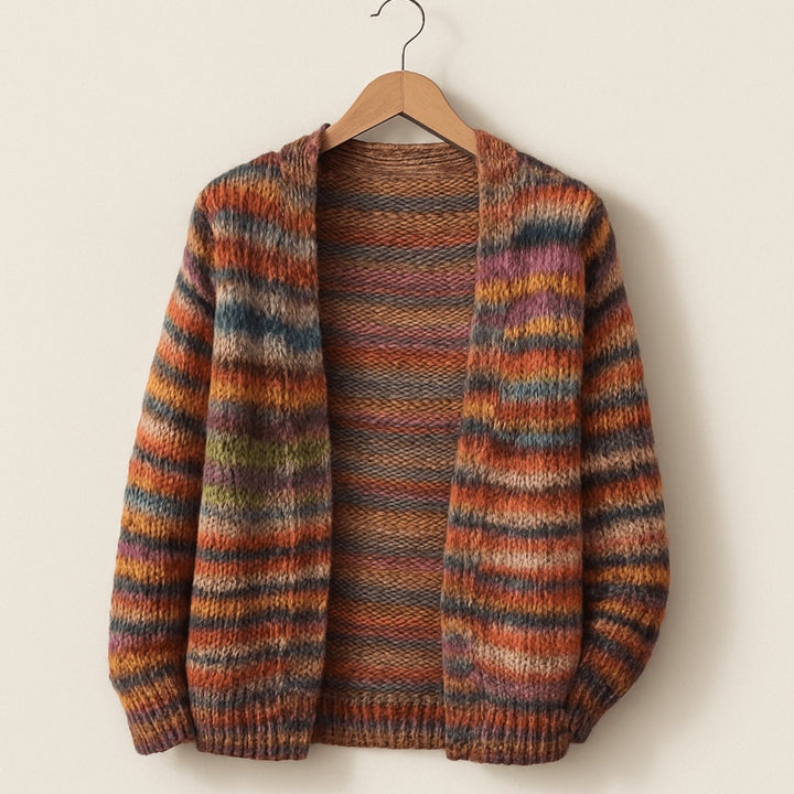 Cardigan Striato a Maglia con Apertura Frontale per Donna