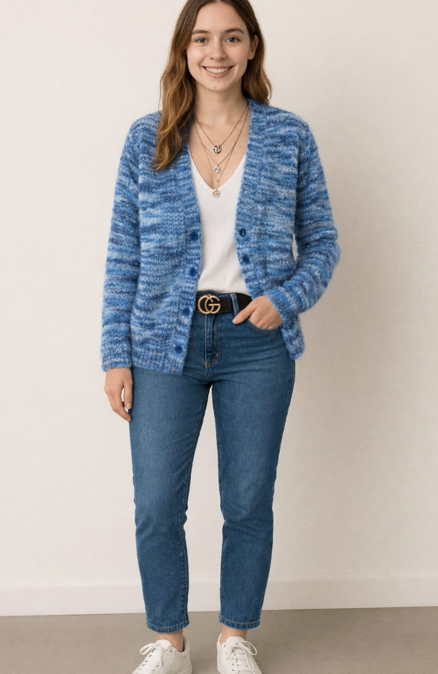 Cardigan Striato a Maglia con Apertura Frontale per Donna