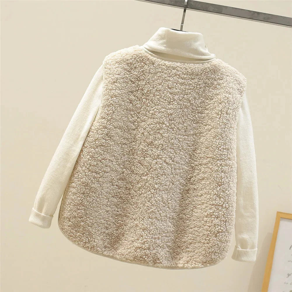 Gilet sherpa da donna con scollatura a V e bottoni e tasche a toppa