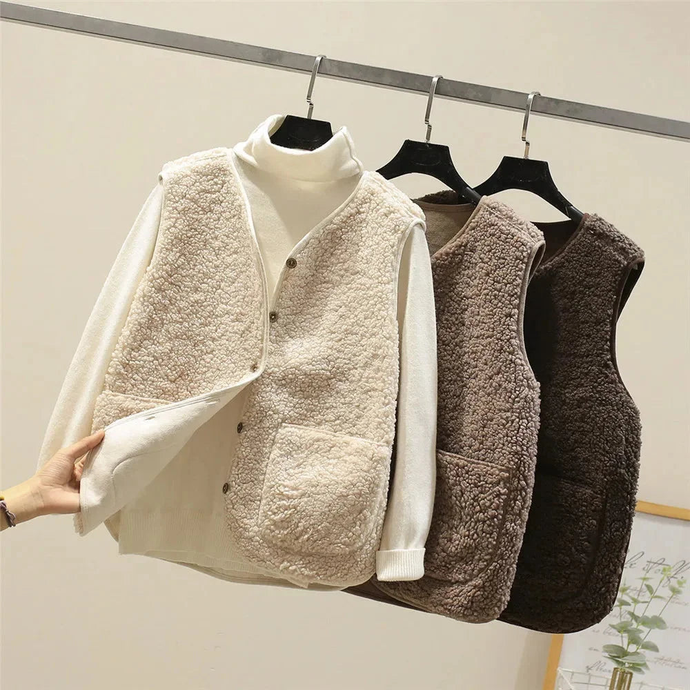 Gilet sherpa da donna con scollatura a V e bottoni e tasche a toppa