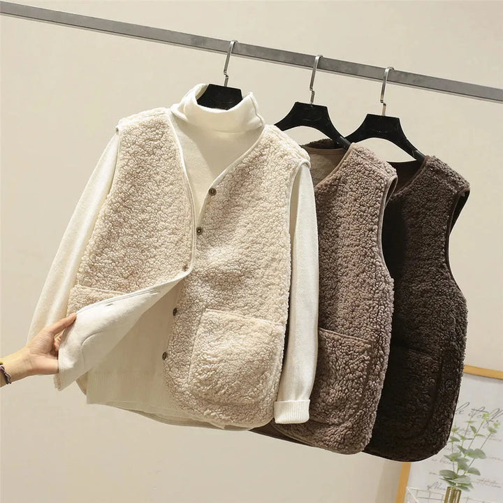 Gilet sherpa da donna con scollatura a V e bottoni e tasche a toppa