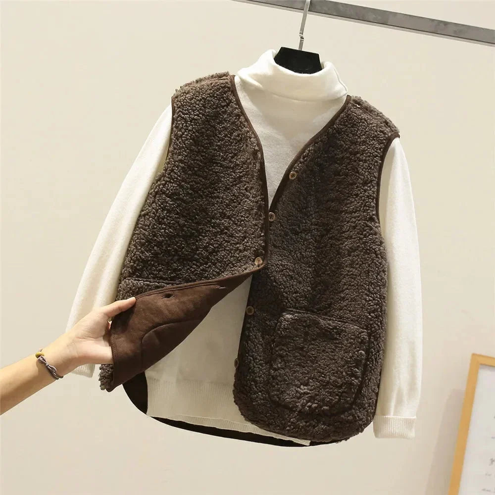 Gilet sherpa da donna con scollatura a V e bottoni e tasche a toppa