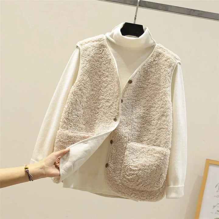 Gilet sherpa da donna con scollatura a V e bottoni e tasche a toppa