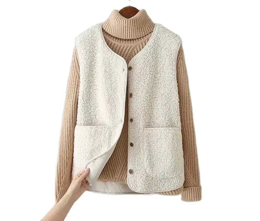 Gilet sherpa da donna con scollatura a V e bottoni e tasche a toppa