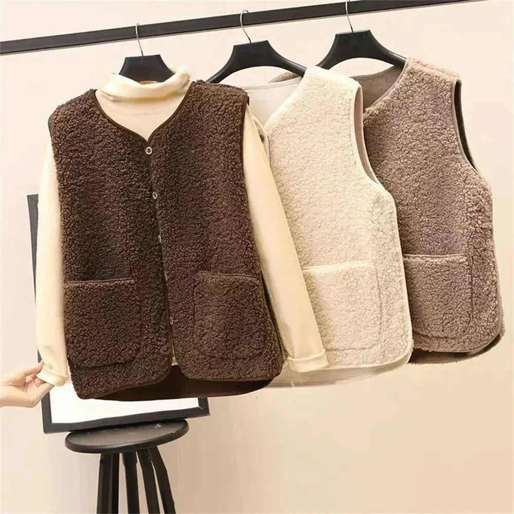 Gilet sherpa da donna con scollatura a V e bottoni e tasche a toppa