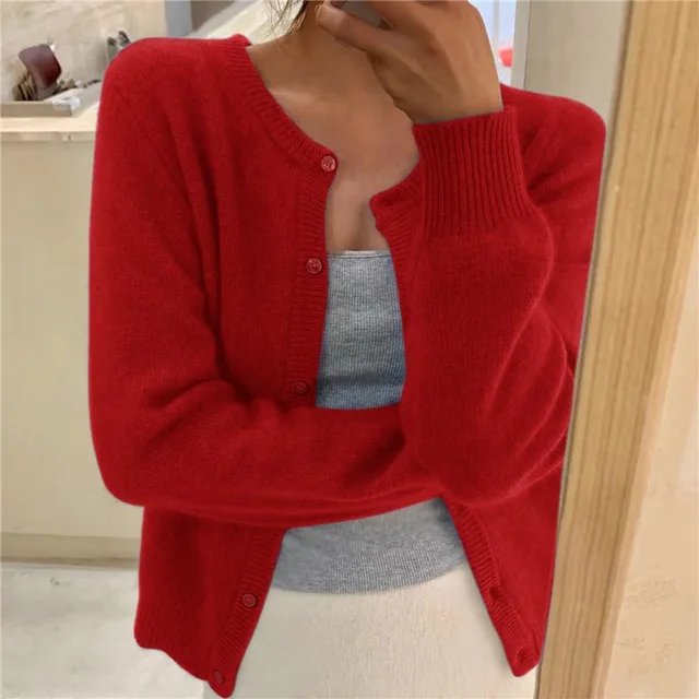 Cardigan da donna in maglia morbida con bottoni e scollo rotondo